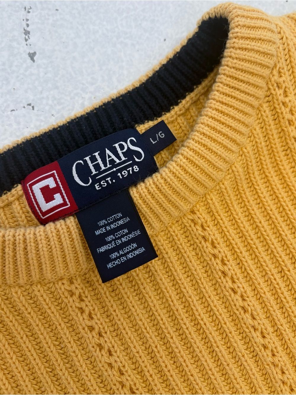 Vintage Chaps Ralph Lauren Yellow Sweater 1920s Feedsack Quilt Patch - Large - Picture 8 of 8